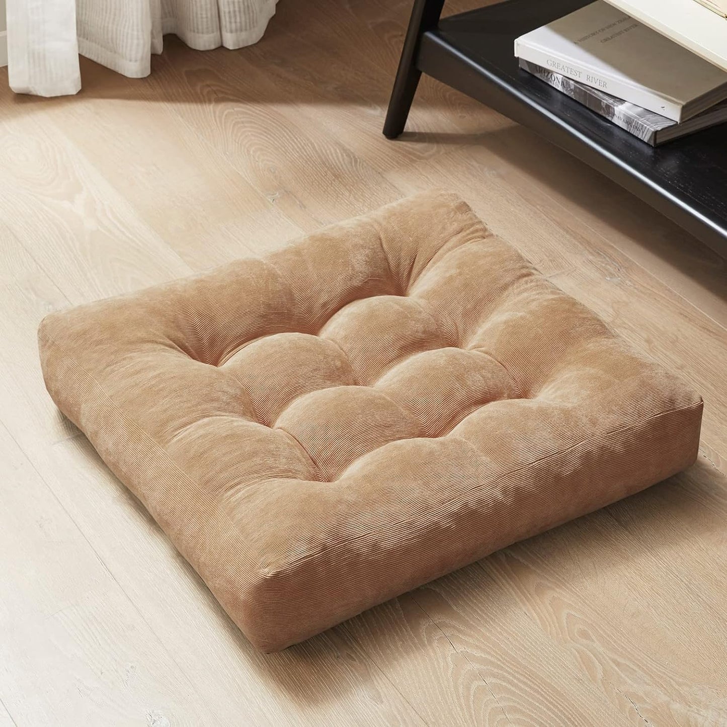 Meditation Floor Pillow Set of 2, Round Large Pillows Seating for Adults, Tufted Corduroy Cushion for Living Room Tatami, Beige 22 Inch