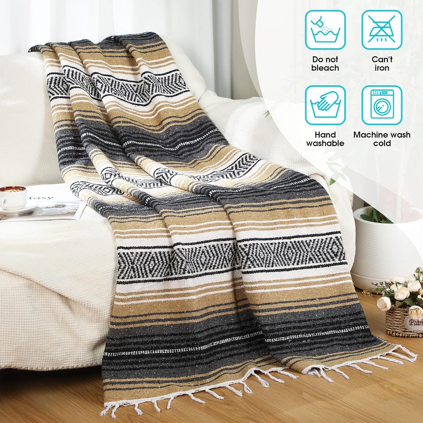 Oudain Mexican Blanket Woven Authentic Cotton Falsa Throw 45 x 70 Inch – Authentic Baja Serape Saddle Blanket Outdoor for Restorative Yoga, Beach, Picnic, Couch, Car Travel(Coastal Calm)