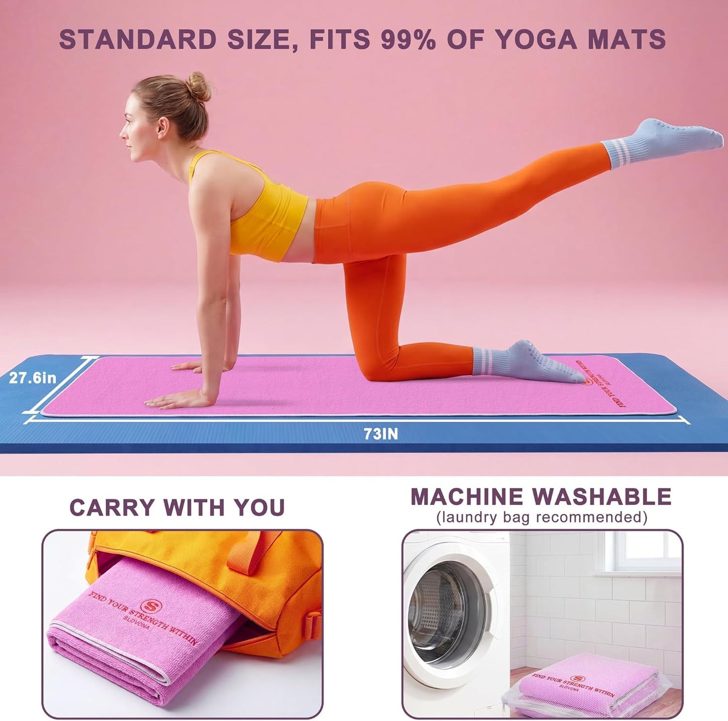 Upgraded Yoga Mat Towel with Bonus Grip Socks Elegant Embroidered Design, 1-Second Sweat Absorption & Non-Slip | Machine Washable Microfiber | Hot Yoga, Pilates | 73''*27.6'' | Orchid Purple