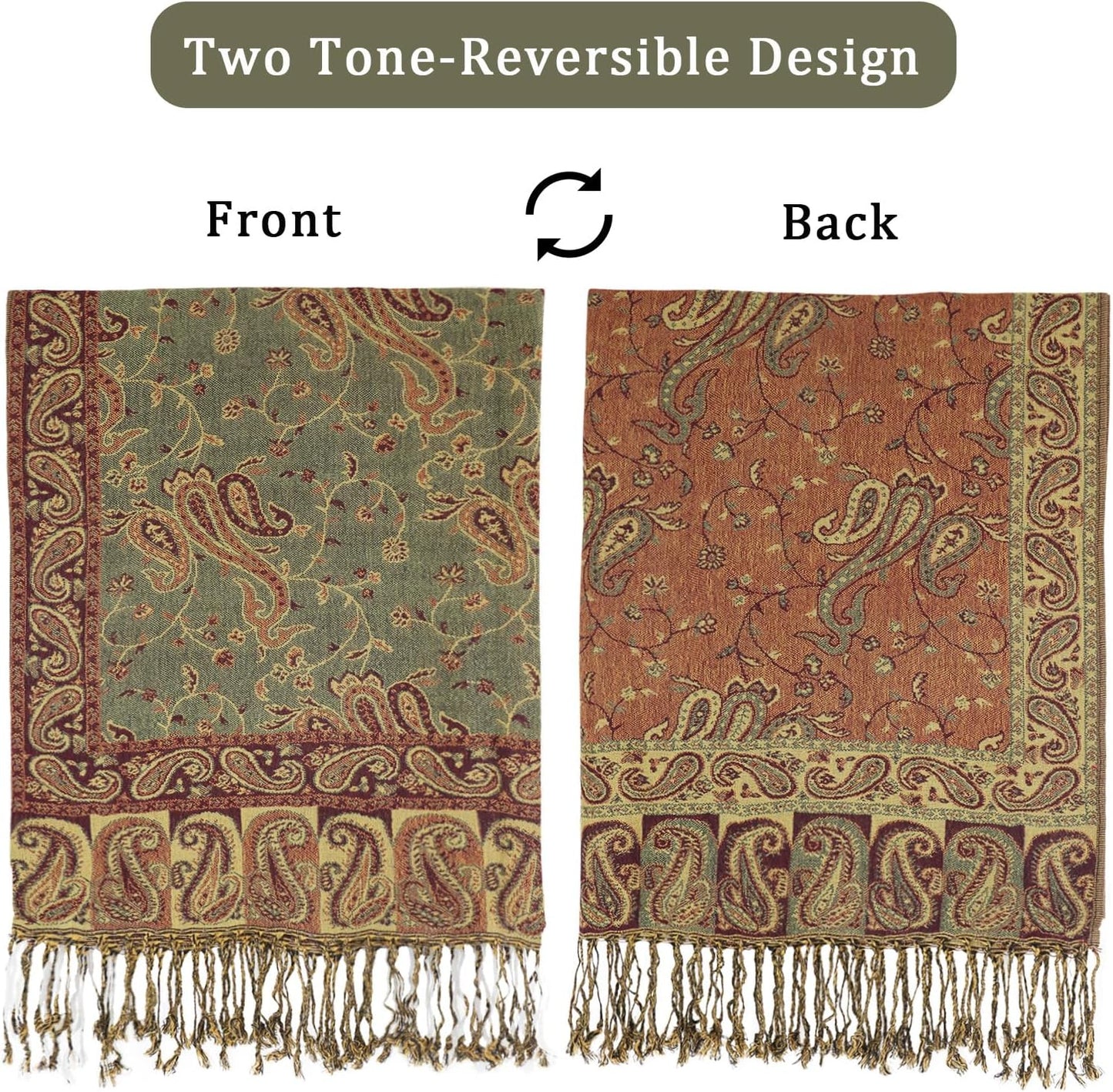 Ciormis Two Tone Silky Paisley Pashmina Shawl Scarf,Soft Women's Rave Jacquard Pashminas Wrap Scarves