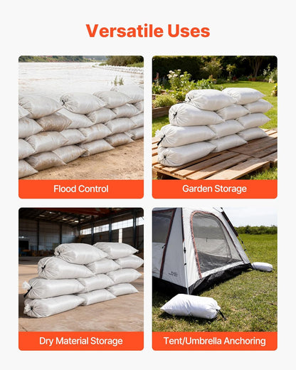 VEVOR Heavy Duty Sand Bags, 50Pack 14" x 26", Empty Sandbags for Flooding with Tie Strings, Woven Polypropylene Sand Bag with 1600 Hours of UV Protection, 50Lbs Capacity