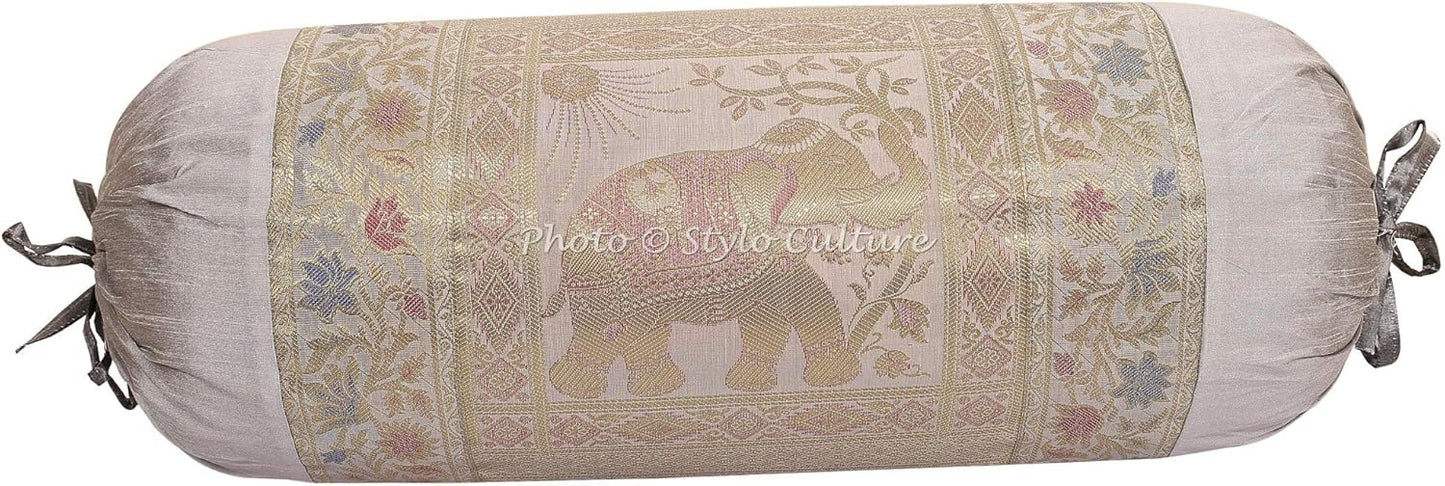 Indian Polydupion Cylindrical Yoga Bolster Pillow Cover Grey Jacquard Brocade Border Elephant Large Sofa Round Cylinder Cushion Cover (1 Pc) | 30x15 Inches (76x38 cm)