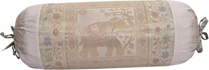 Indian Polydupion Cylindrical Yoga Bolster Pillow Cover Grey Jacquard Brocade Border Elephant Large Sofa Round Cylinder Cushion Cover (1 Pc) | 30x15 Inches (76x38 cm)