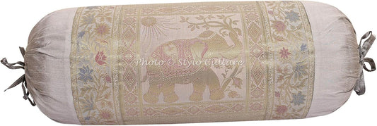 Indian Polydupion Cylindrical Yoga Bolster Pillow Cover Grey Jacquard Brocade Border Elephant Large Sofa Round Cylinder Cushion Cover (1 Pc) | 30x15 Inches (76x38 cm)