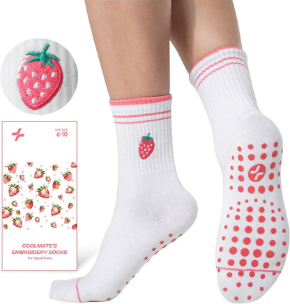 COOLMATE Pilates Socks with Grips for Women, Yoga Socks, Crew Non Slip Women for Barre, Pilates Gifts for Women - Colors B