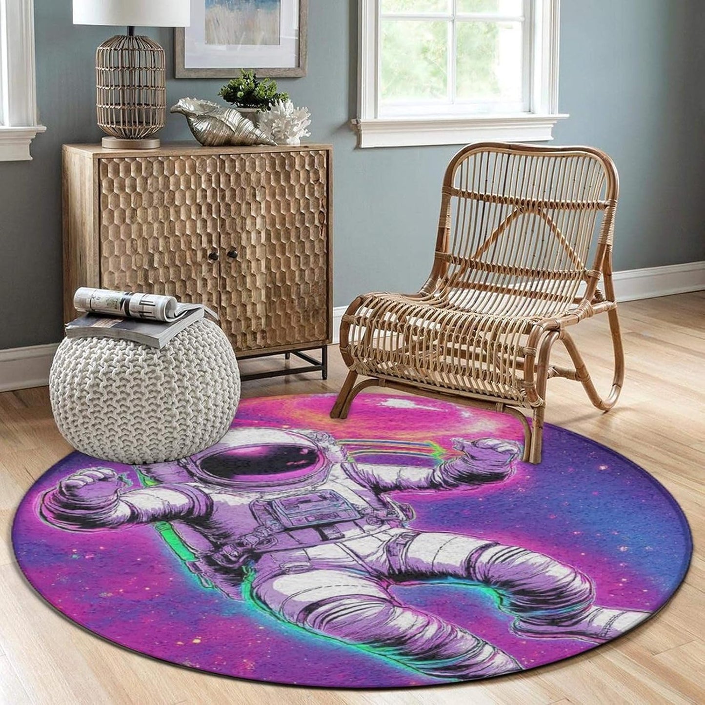 Home Decor Non Slip Kitchen Office Circle Rug, Machine Washable Modern Round Area Rug, Room Sofa Yoga Soft Round Carpet Purple Galaxy Trippy Space Astronaut Art, 36inch