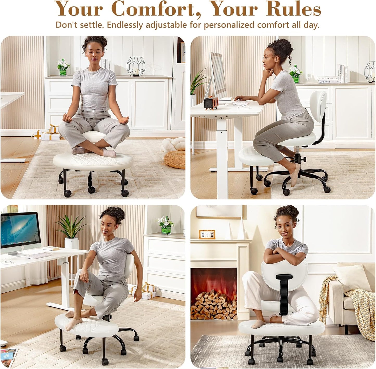 AtHope Ergonomic Cross Legged Office Chair with Wheels - Adjustable Height for Meditation, ADHD Desk & Yoga - Wide Criss Cross Design with Lumbar Support, Kneeling Chair - Black