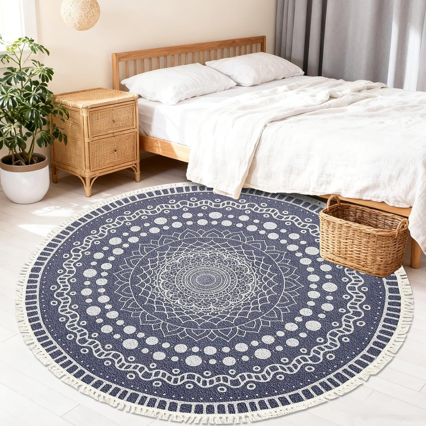 Boho Rug 5Ft Round Bedroom Carpet Circle Nonslip Farmhouse Area Rug Rustic Mandala Floor Mat for Living Room Locker Room Tassel Yoga Throw Rugs Washable Doormat, Purple