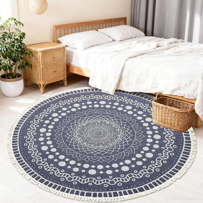 Boho Rug 5Ft Round Bedroom Carpet Circle Nonslip Farmhouse Area Rug Rustic Mandala Floor Mat for Living Room Locker Room Tassel Yoga Throw Rugs Washable Doormat, Purple