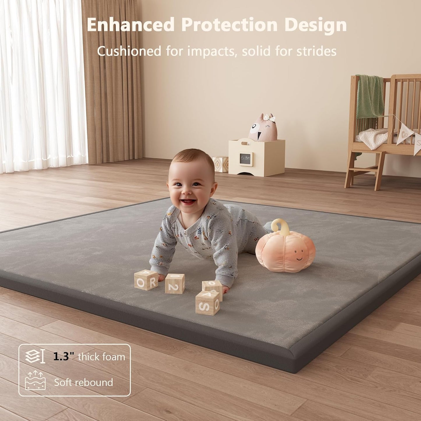Baby Play Mat for Floor, 1.3'' Thick Memory Foam Tummy Time Mat - Super Soft Coral Velvet Nursery Rug with Non-Slip Backing, Crawling Rug for Toddlers/Infants, Yoga & Tatami Use, Oatmeal, 79''x 118''