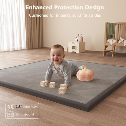 Baby Play Mat for Floor, 1.3'' Thick Memory Foam Tummy Time Mat - Super Soft Coral Velvet Nursery Rug with Non-Slip Backing, Crawling Rug for Toddlers/Infants, Yoga & Tatami Use, Oatmeal, 79''x 118''