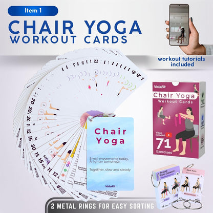 [All-in-One Kit] Chair Yoga for Seniors Over 60: 71 Seated Exercises with Video + 4 Resistance Bands | Large Print Cards for Mobility, Balance, Strength & Weight Loss | Gift for Mom & Dad