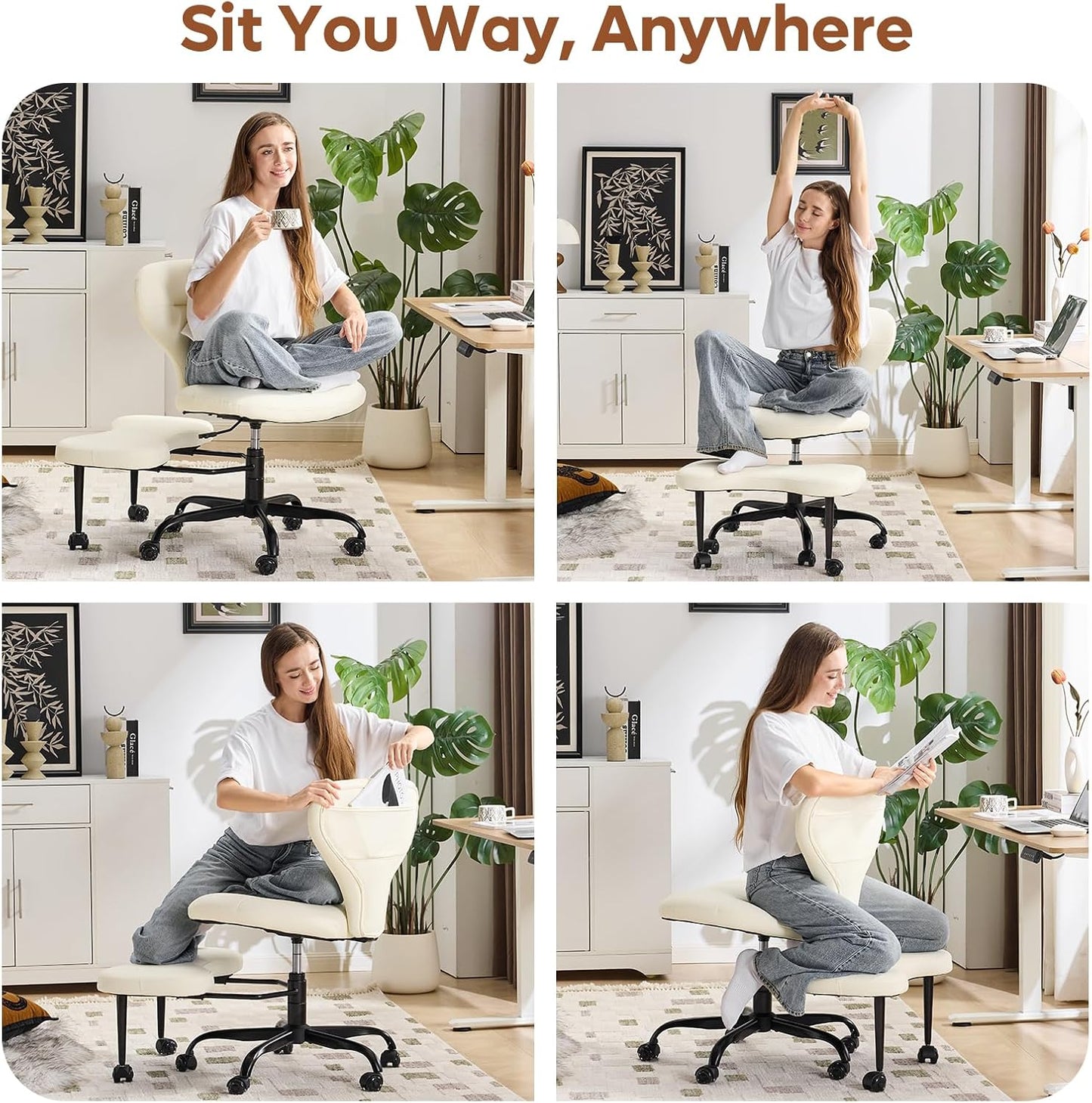 YFO Ergonomic Cross Legged Office Chair and ADHD Meditation Chair with Silent Wheels for Home Office Desk Chair and Yoga, Wider Backrest Support and Storage Pockets Design, PU Leather, Cream