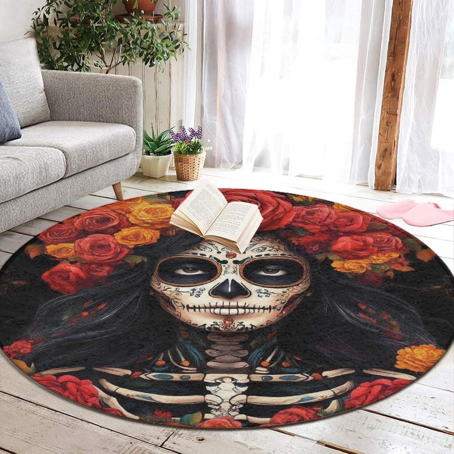 Machine Washable Modern Round Area Rug, Room Sofa Yoga Soft Round Carpet, Home Decor Non Slip Kitchen Office Circle Rug Trippy Rainbow Mushroom Tie Dye Art, 60inch