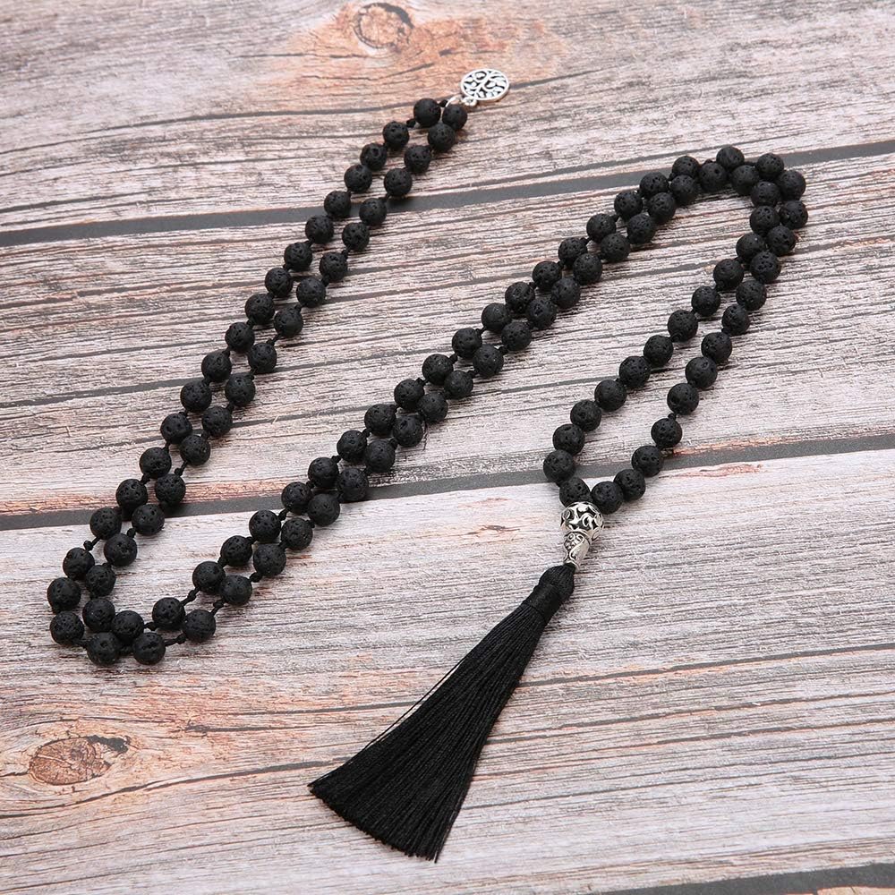 108 Mala Beads Necklace Semi-Precious Gem Stones Meditation Necklace 108 Hand Knotted Japa Mala Beaded Tassel Necklace with Tree of Life Pendant