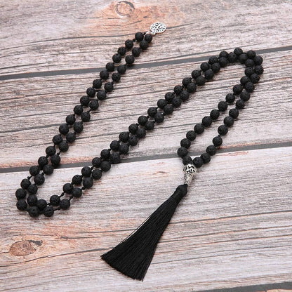108 Mala Beads Necklace Semi-Precious Gem Stones Meditation Necklace 108 Hand Knotted Japa Mala Beaded Tassel Necklace with Tree of Life Pendant