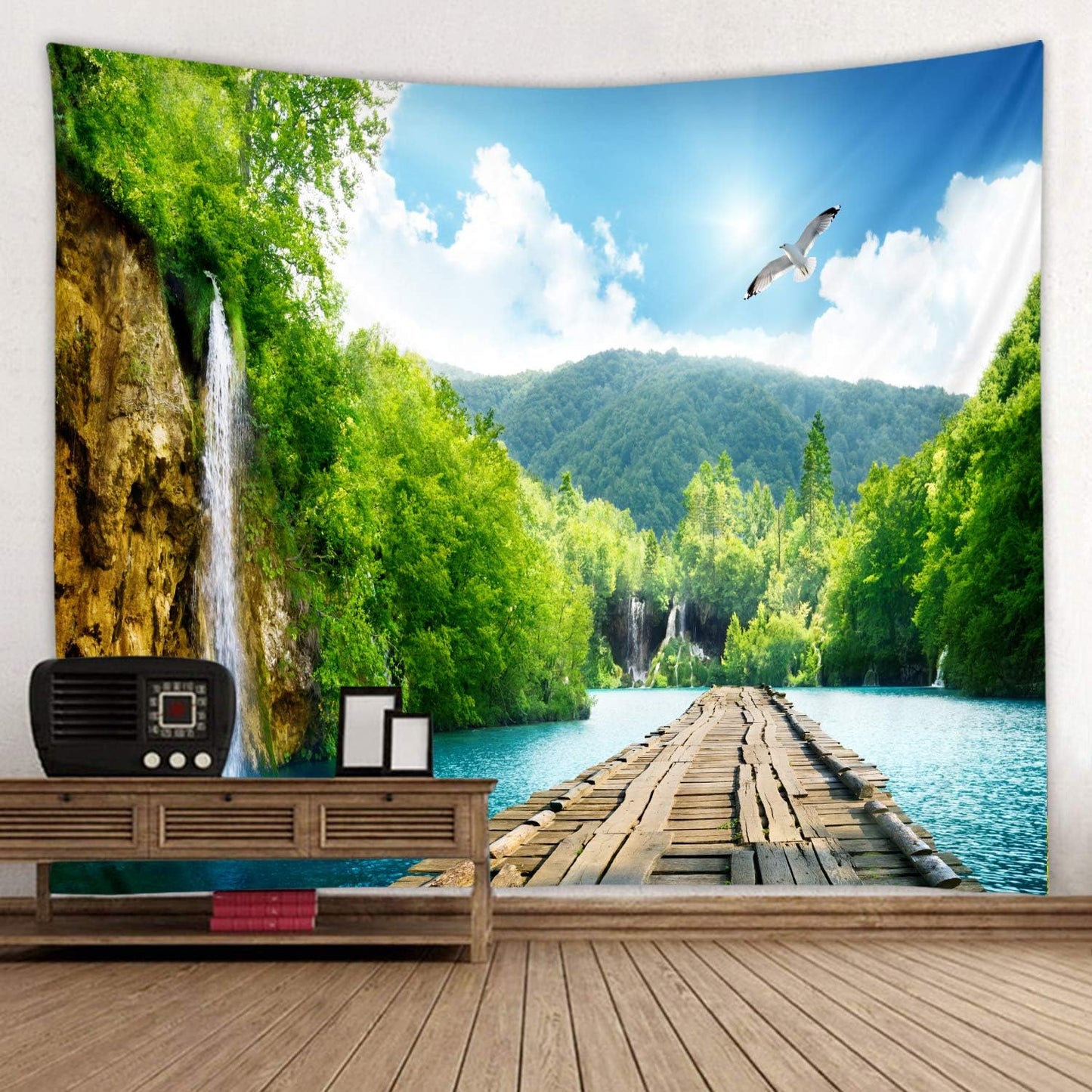 LYFANS Wooden Bridge Water Printing Fabric Tapestry Decorative Wall Art Tablecloth Bed Cover Picnic Carpet Beach Towel Bedroom Dormitory Living Room Multi functional Tapestry 79 x 59 inches