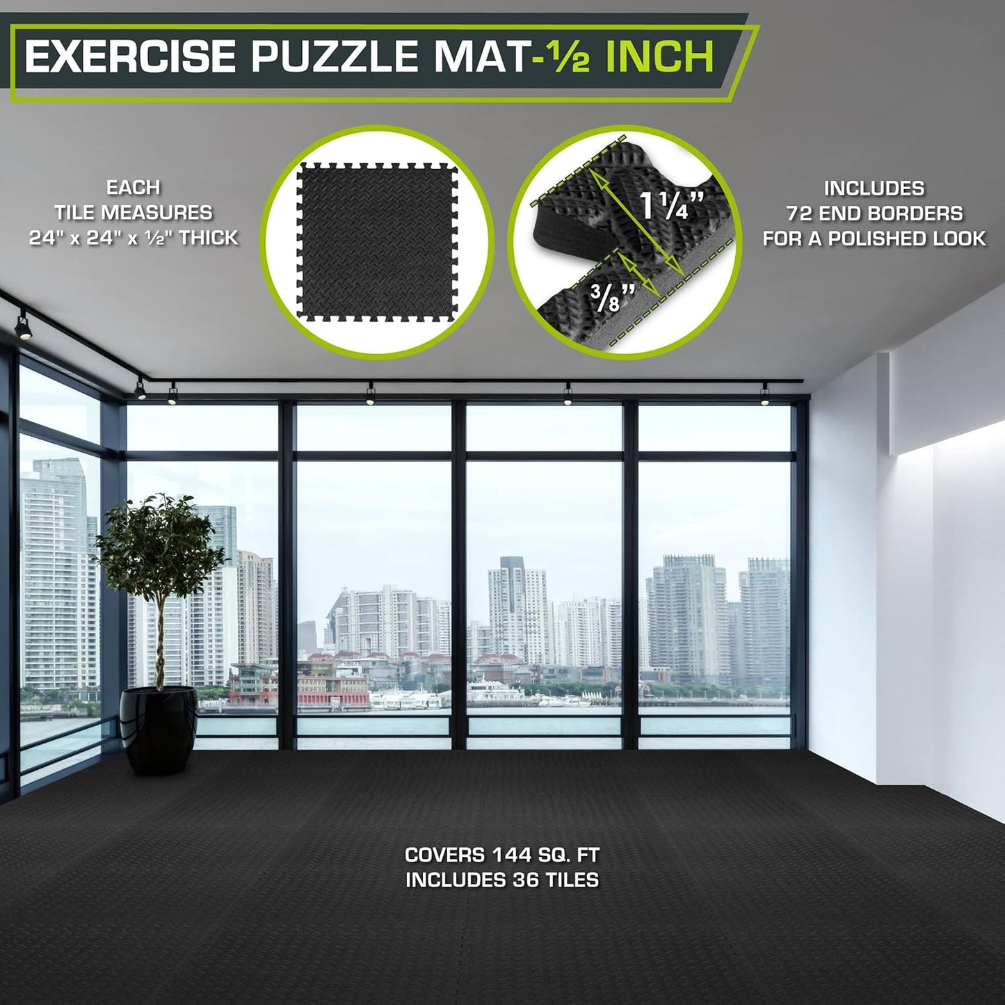 ProsourceFit Exercise Puzzle Mat ½-inch, EVA Interlocking Foam Floor Tiles for Home Gym, Workout Equipment, Kids Play Areas, Black, 24 SQ FT - 6 Tiles