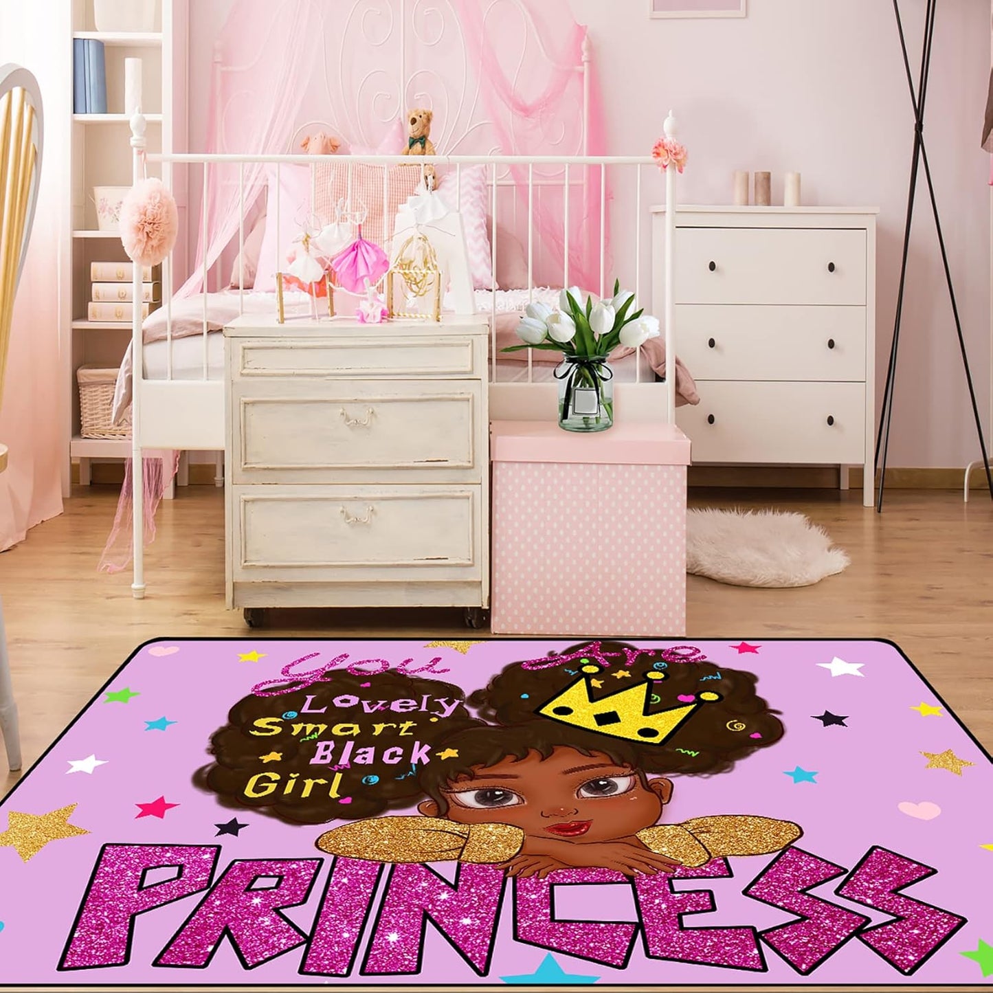 Black Girl Area Rug for Bedroom African American Rugs for Room Princess Carpet Kids Rugs for Bedroom African Girls Carpet for Living Room Teen Girls Yoga Mats, Pink, 4'×5'