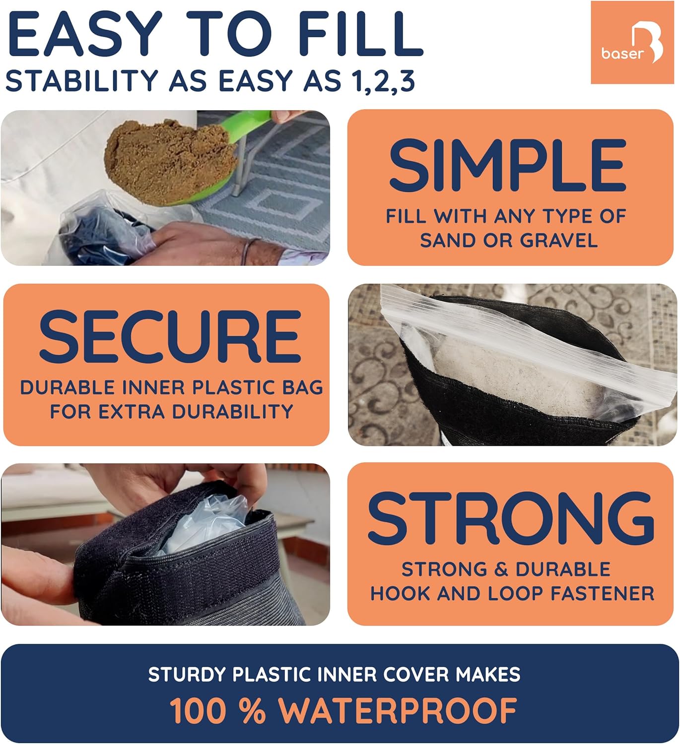 Baser Original Sandbags Fillable Weight Bags for Patio Umbrella Bases, Weather Resistant Recycled Polyester for Outdoor Furniture Windproof Stability