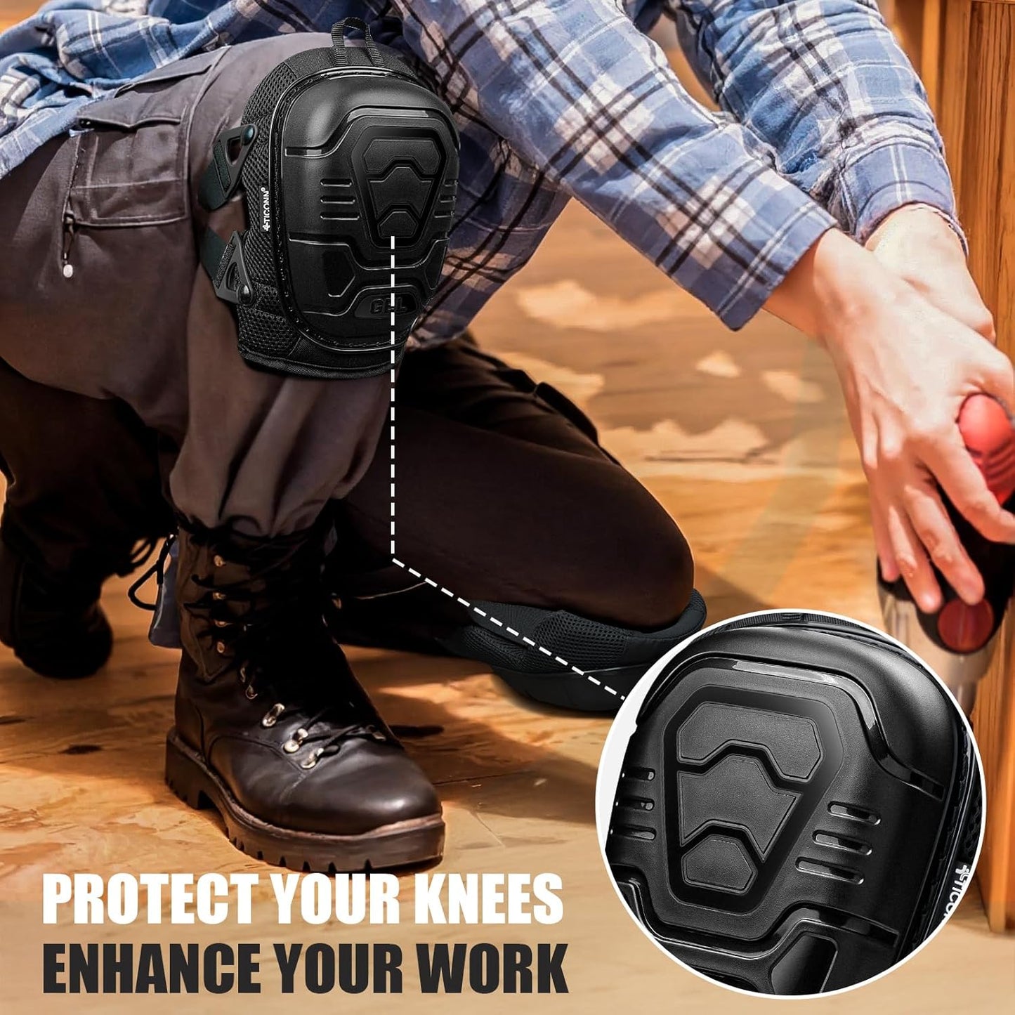 TICONN Gel Knee Pads for Work, Professional Heavy Duty Work Knee Pads for Men with Soft Foam and Gel Cushion for Men Construction, Garden, Flooring (Black/Grey)
