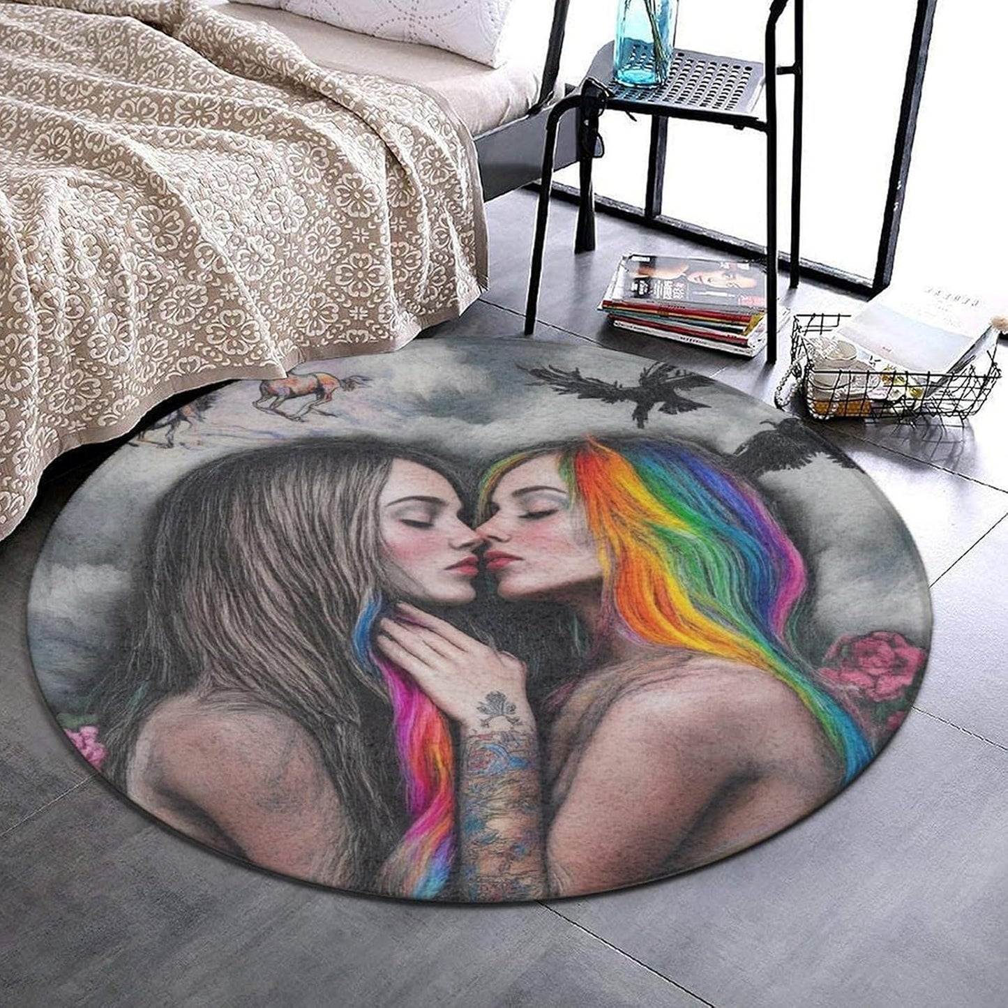 Machine Washable Modern Round Area Rug, Room Sofa Yoga Soft Round Carpet, Home Decor Non Slip Kitchen Office Circle Rug Union Jack Flag UK Mandala Art, 60inch