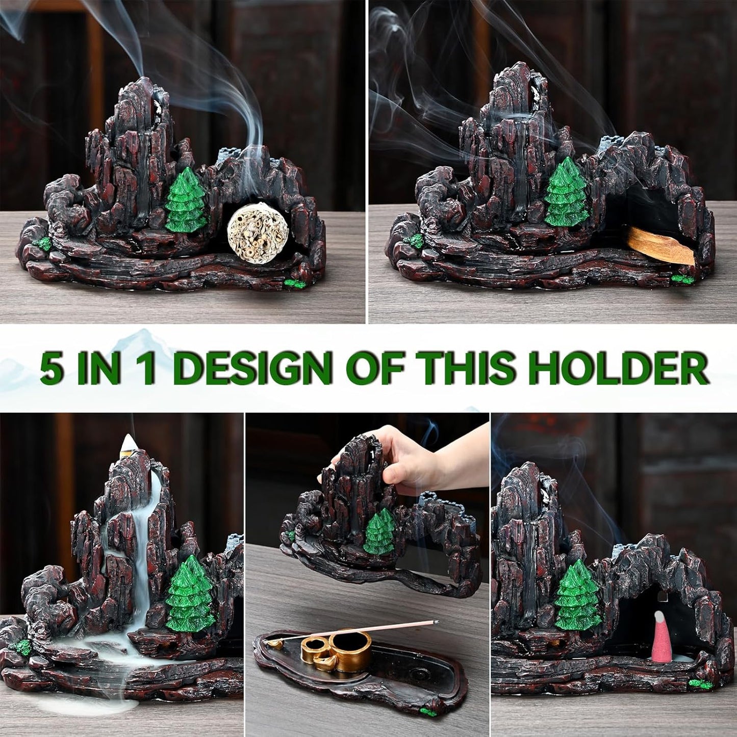 Mountain Waterfall Incense Burner，Backfall Incense Holder River, Incense Falls Meditation Decor for Room with Upgrade Incense Cones and Accessories (Mountain)