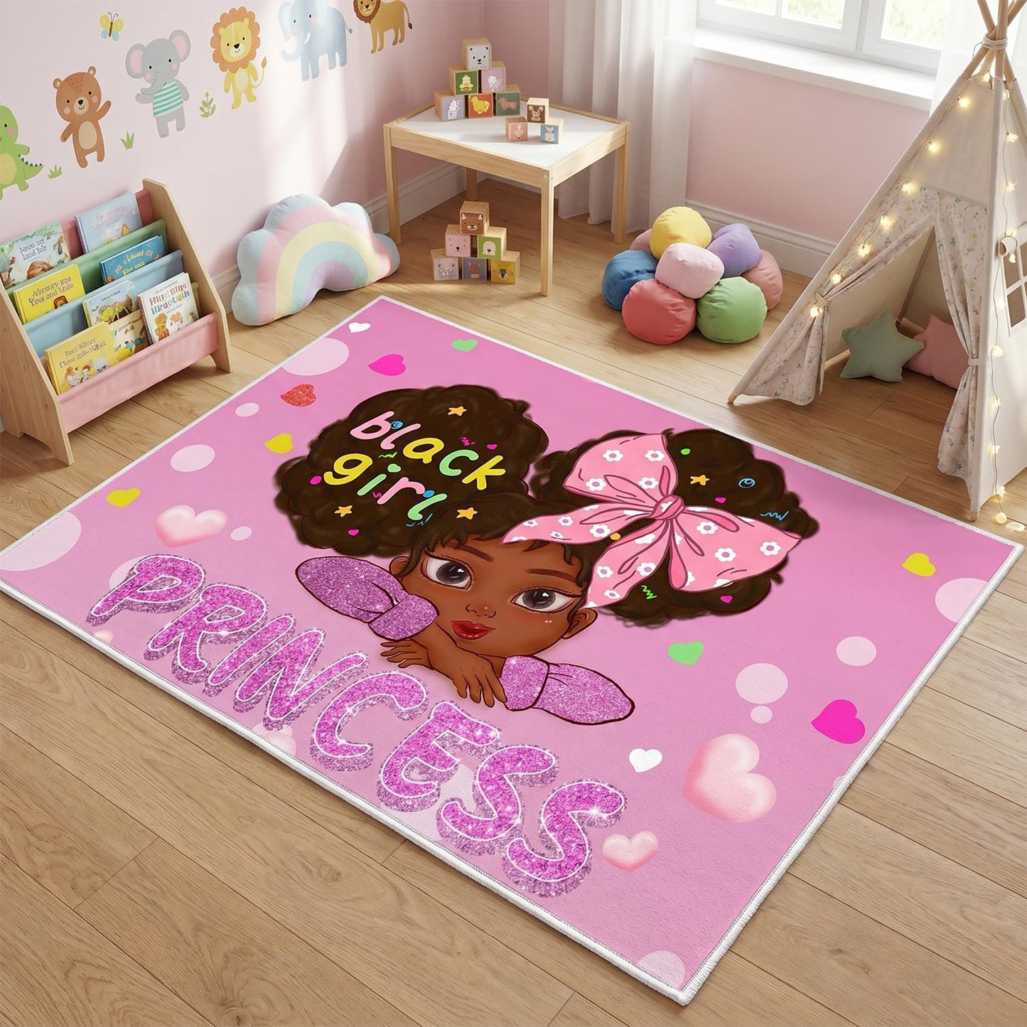Black Girl Area Rug for Bedroom African American Rugs for Room Princess Carpet Kids Rugs for Bedroom African Girls Carpet for Living Room Teen Girls Yoga Mats, Pink, 4'×5'