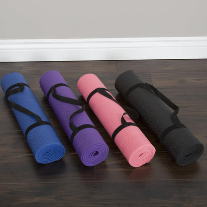 Yoga Mat - Double Sided 1/4-Inch Workout Mat - 71x24-Inch Exercise Pad for Home Gym Fitness or Pilates with Carrying Strap by Wakeman (Black)