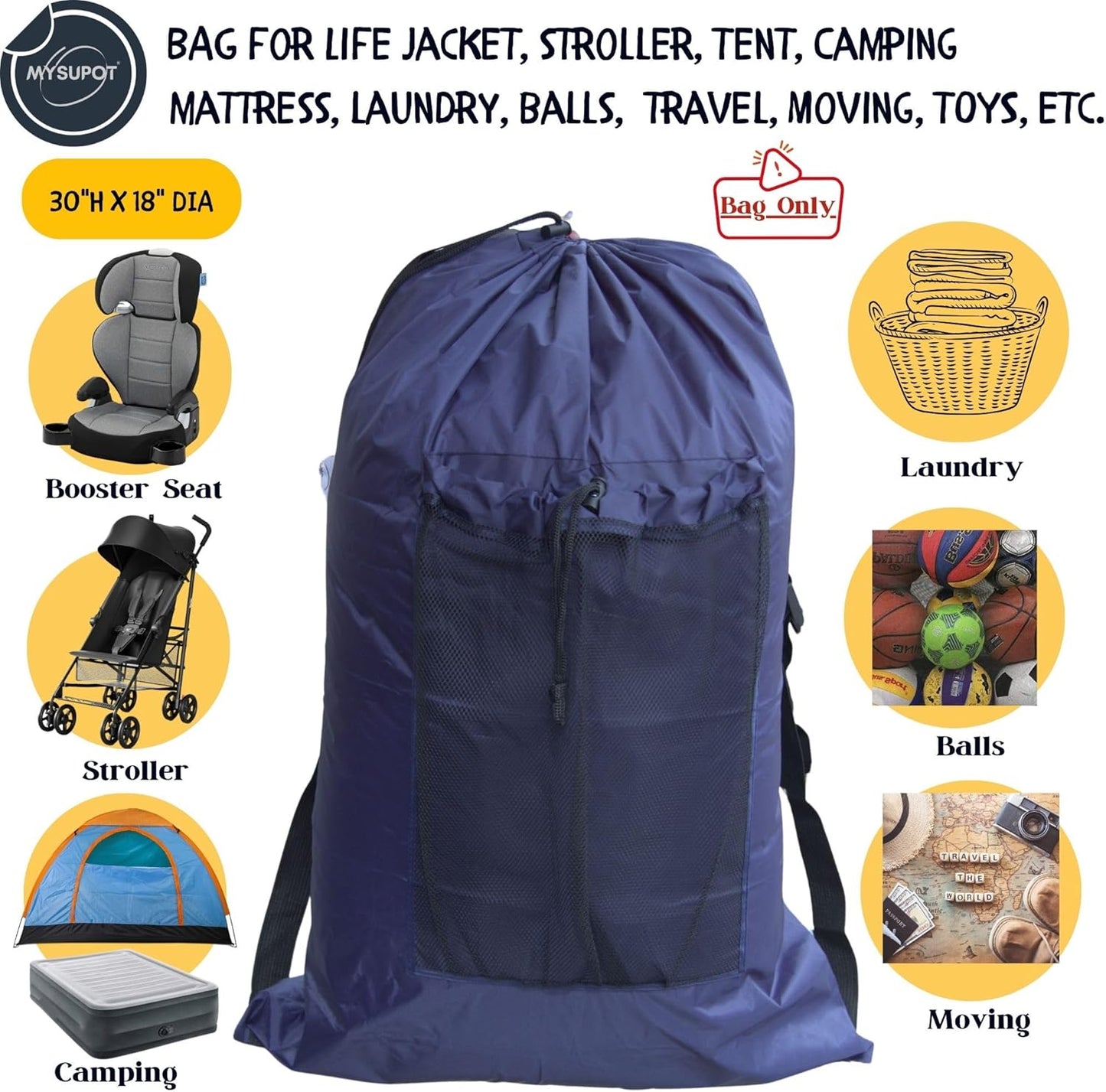 BLACK (Large 36"x24"x6") Beach Chair Bag. For Tent, Camping Mattress, Recliner, Dog Bed, Director & Lounge Chair, Booster Seat, Laundry. Light Duty 420D Polyester w/Adjustable Straps.