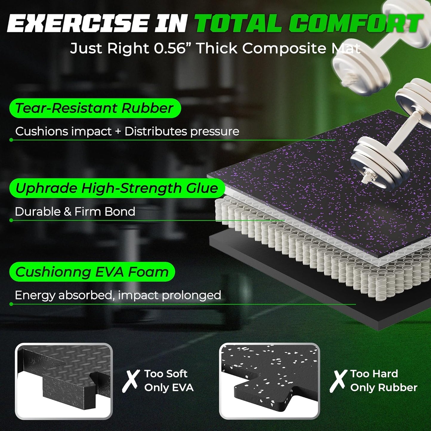 PRAISUN 0.56" Rubber Top Gym Flooring, Heavy Duty Interlocking Gym Mats for Home Gym, Non-Slip Workout Mat, 24 x 24in Large Gym Floor Mat, Protect Floors from Weights & Equipment, 48 Sq Ft, Black/Grey