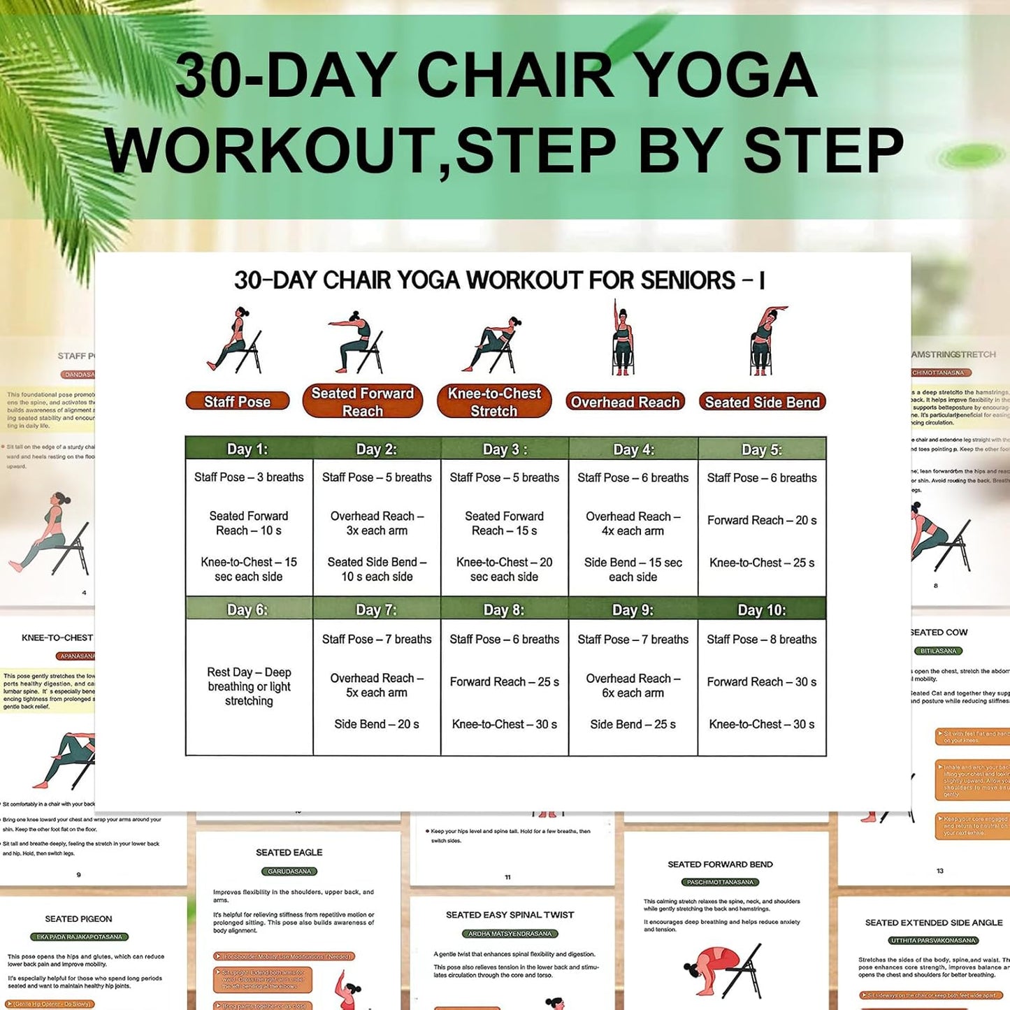 Chair Yoga for Seniors Over 60 Book & Chart – 30-Day Challenge, Gentle Seated Yoga Guide, Chair Yoga for Weight Loss & Flexibility, Senior Chair Exercises for Women & Men