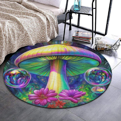Machine Washable Modern Round Area Rug, Room Sofa Yoga Soft Round Carpet, Home Decor Non Slip Kitchen Office Circle Rug Trippy Rainbow Mushroom Tie Dye Art, 60inch