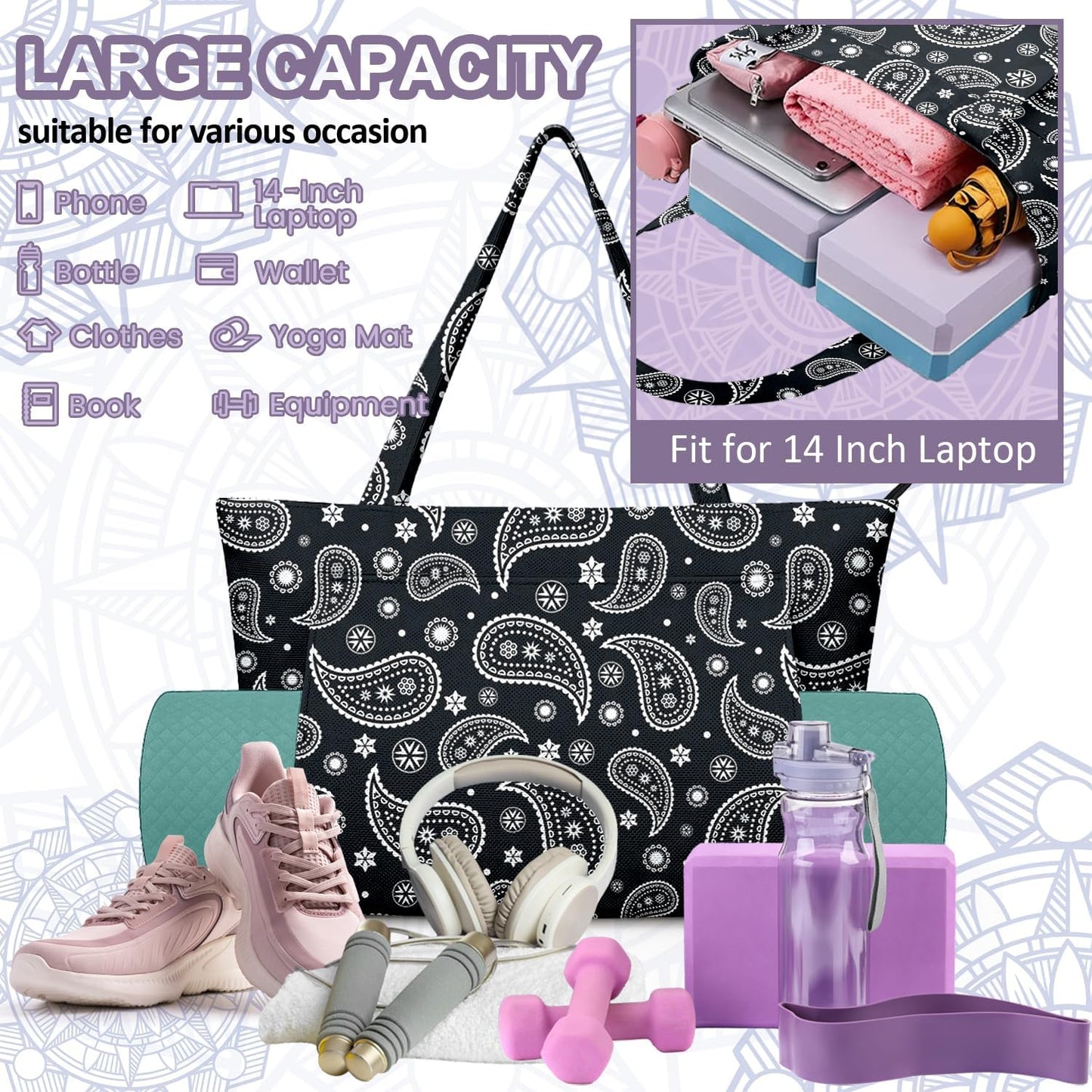 Yoga Bag for Women, Large Canvas Yoga Mat Tote Bag with Yoga Mat Carrier - Large Mat Pocket Fitness Tote for Pilates, Gym, Travel, Office & Beach