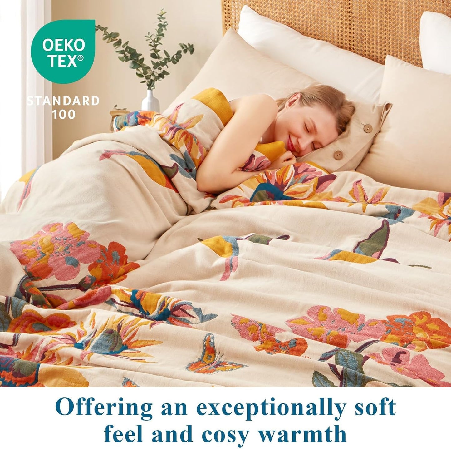 Boho Throw Blanket - 100% Cotton Soft Summer Throw Blanket for Bed, 50"x60" Reversible Breathable Lightweight Blankets, All Seasons Farmhouse Decor Floral Plant Butterfly Throw Quilt
