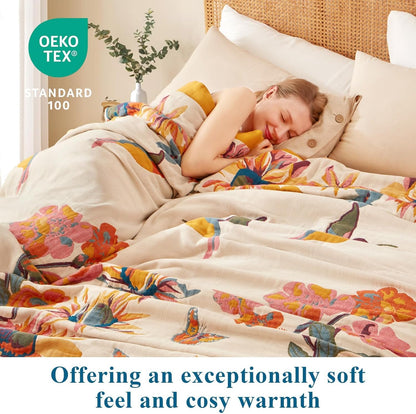 Boho Throw Blanket - 100% Cotton Soft Summer Throw Blanket for Bed, 50"x60" Reversible Breathable Lightweight Blankets, All Seasons Farmhouse Decor Floral Plant Butterfly Throw Quilt
