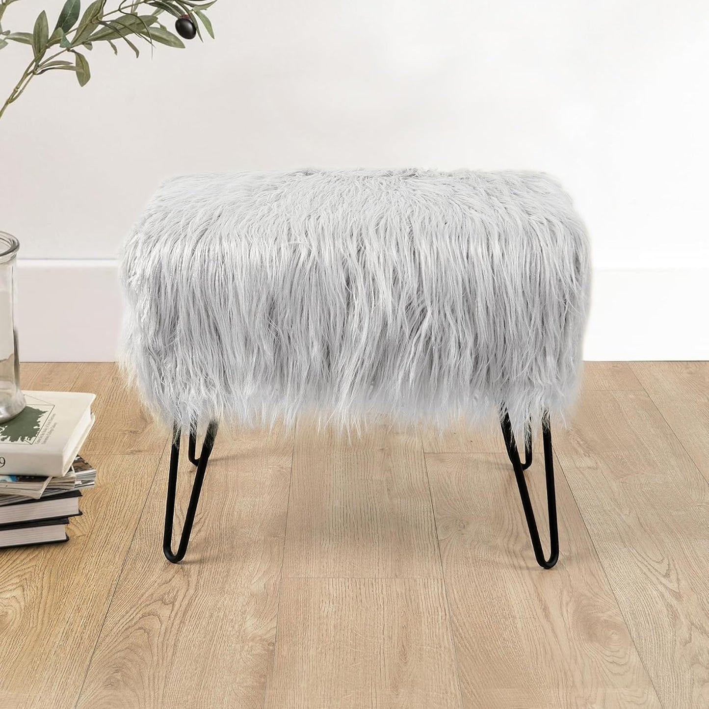 Home Soft Things Green Mongolian Faux Fur Ottoman, Desert Sage, 19'' x 13'' x 17'', Cozy Plush Fluffy Ottoman Foot Rest Stool for Living Room Bedroom Entryway Makeup Bench End of Bed Home Décor