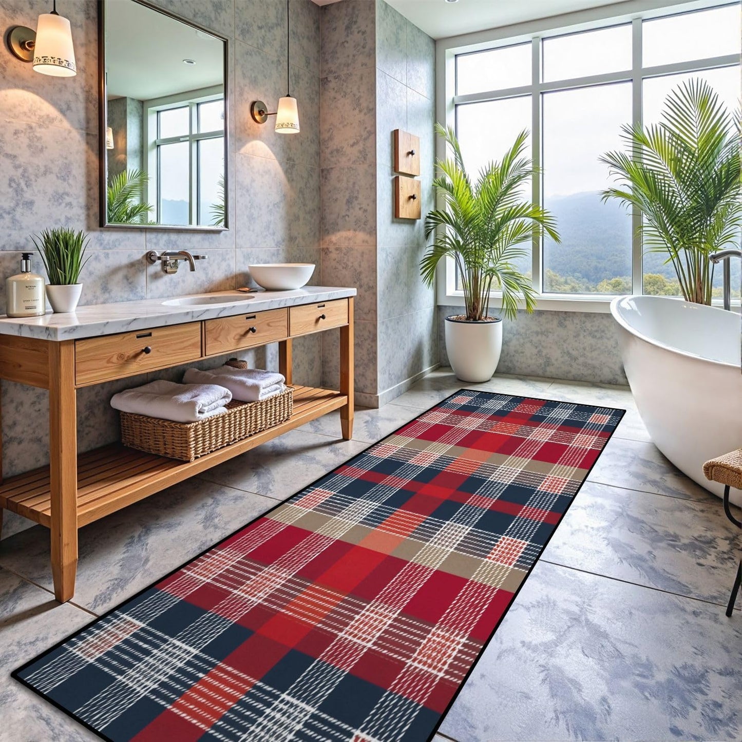 Runner Rug Washable 2x6 White Navy Blue Green Tartan Plaid Scottish Texture from Tartan Plaid Non-Slip Hallway Area Rug Indoor Outdoor Home Decor for Entryway Bathroom Kitchen Carpet Yoga Floor Mat