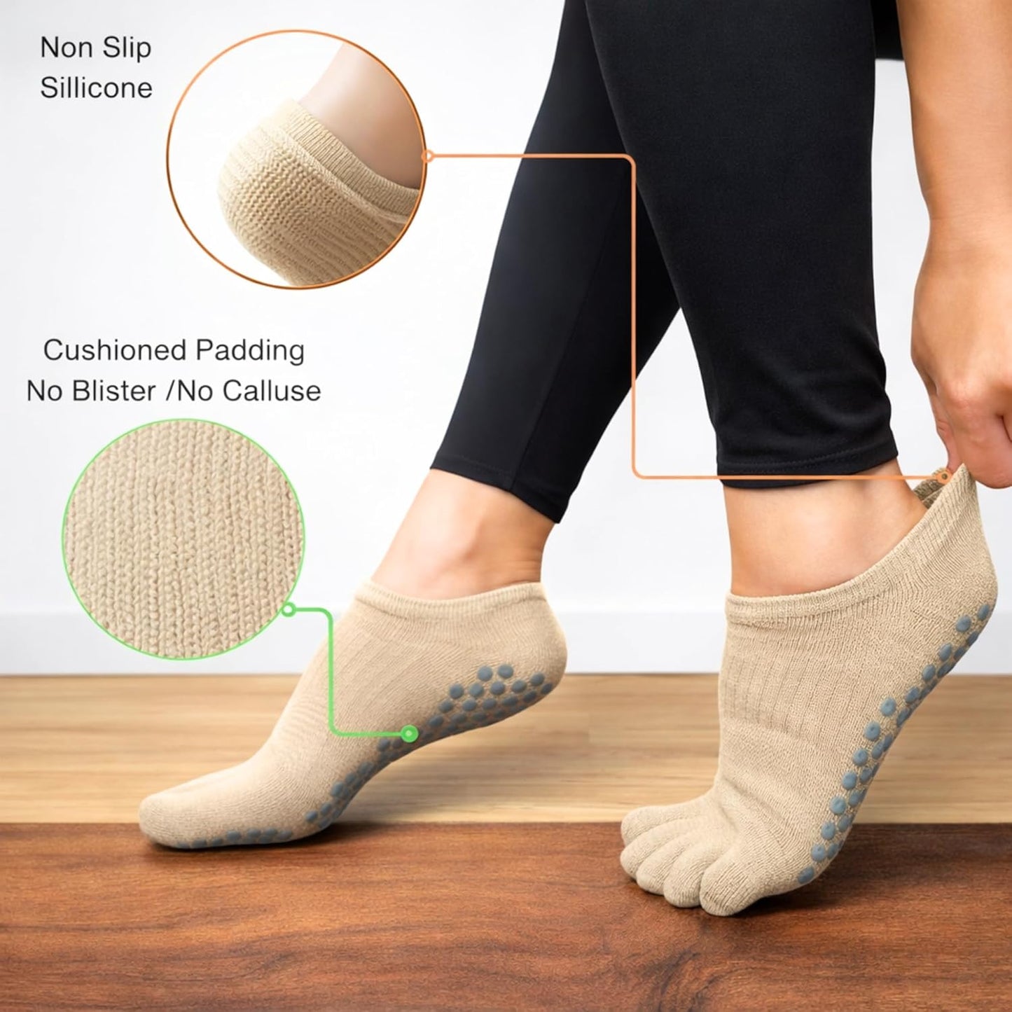 Soxsense Pilates Grip Toe Socks for Women & Men, Cushioned Low-Cut Five Finger Socks Non Slip for Yoga, Barre, Gym