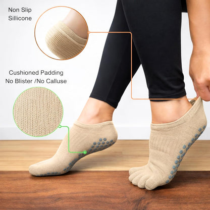 Soxsense Pilates Grip Toe Socks for Women & Men, Cushioned Low-Cut Five Finger Socks Non Slip for Yoga, Barre, Gym