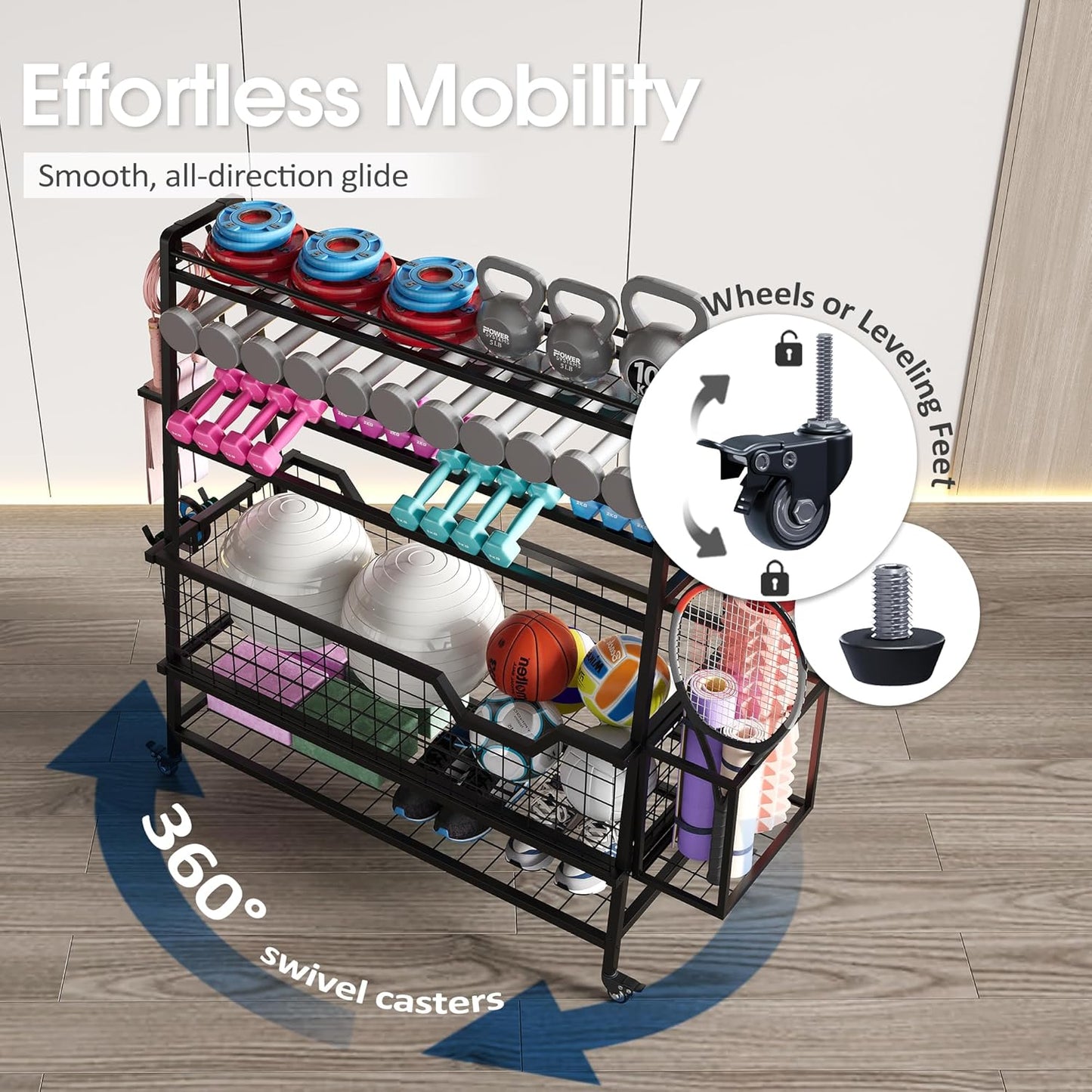 Dual-Sided Dumbbell Rack with Hooks & Wheels, Adjustable Home Gym Storage Rack for Dumbbells, Kettlebells, Balls, Yoga Mats, Ab Roller, Weight Rack Organizer for Workout Equipment
