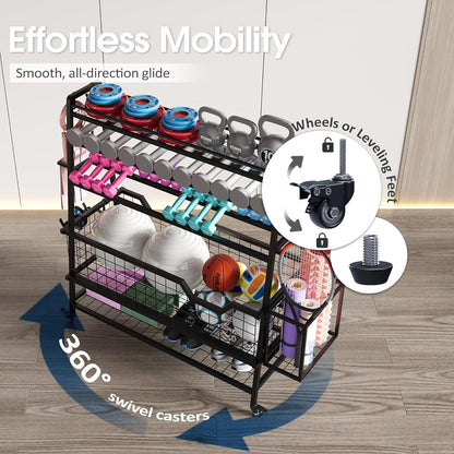 Dual-Sided Dumbbell Rack with Hooks & Wheels, Adjustable Home Gym Storage Rack for Dumbbells, Kettlebells, Balls, Yoga Mats, Ab Roller, Weight Rack Organizer for Workout Equipment
