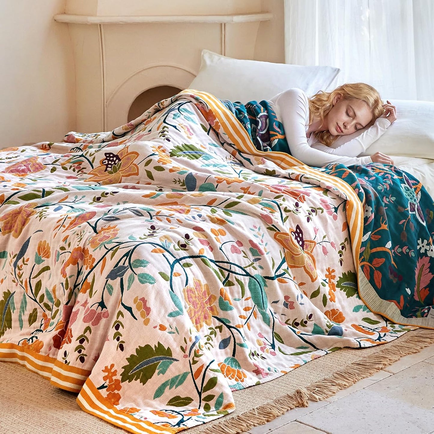 Boho Throw Blanket - 100% Cotton Soft Summer Throw Blanket for Bed, 50"x60" Reversible Breathable Lightweight Blankets, All Seasons Farmhouse Decor Floral Plant Butterfly Throw Quilt