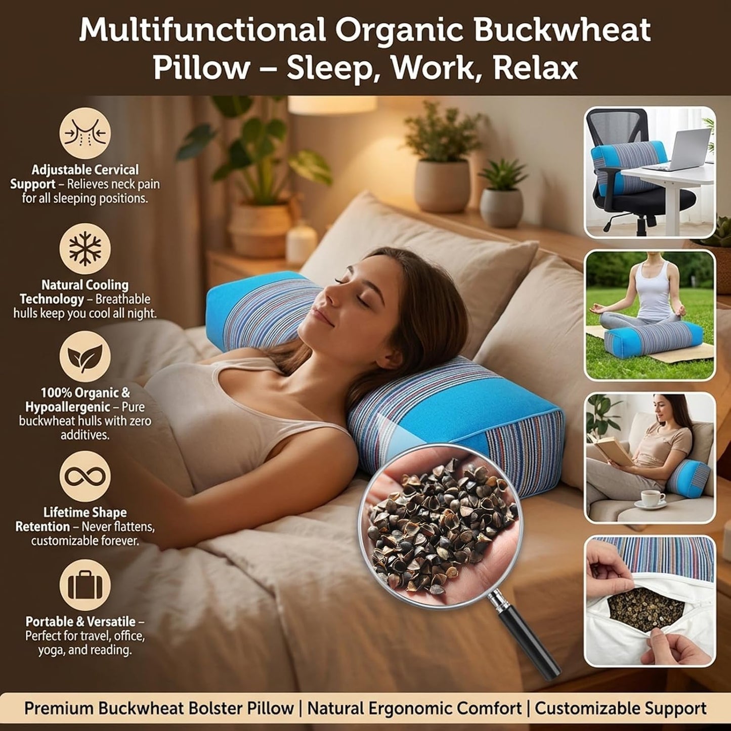 Adjustable Buckwheat Hull Pillow for Neck Pain Relief (21x8x4in) Natural Cooling Cervical Support Organic Pillow for Side & Back Sleepers with Night Sweats (Grey)