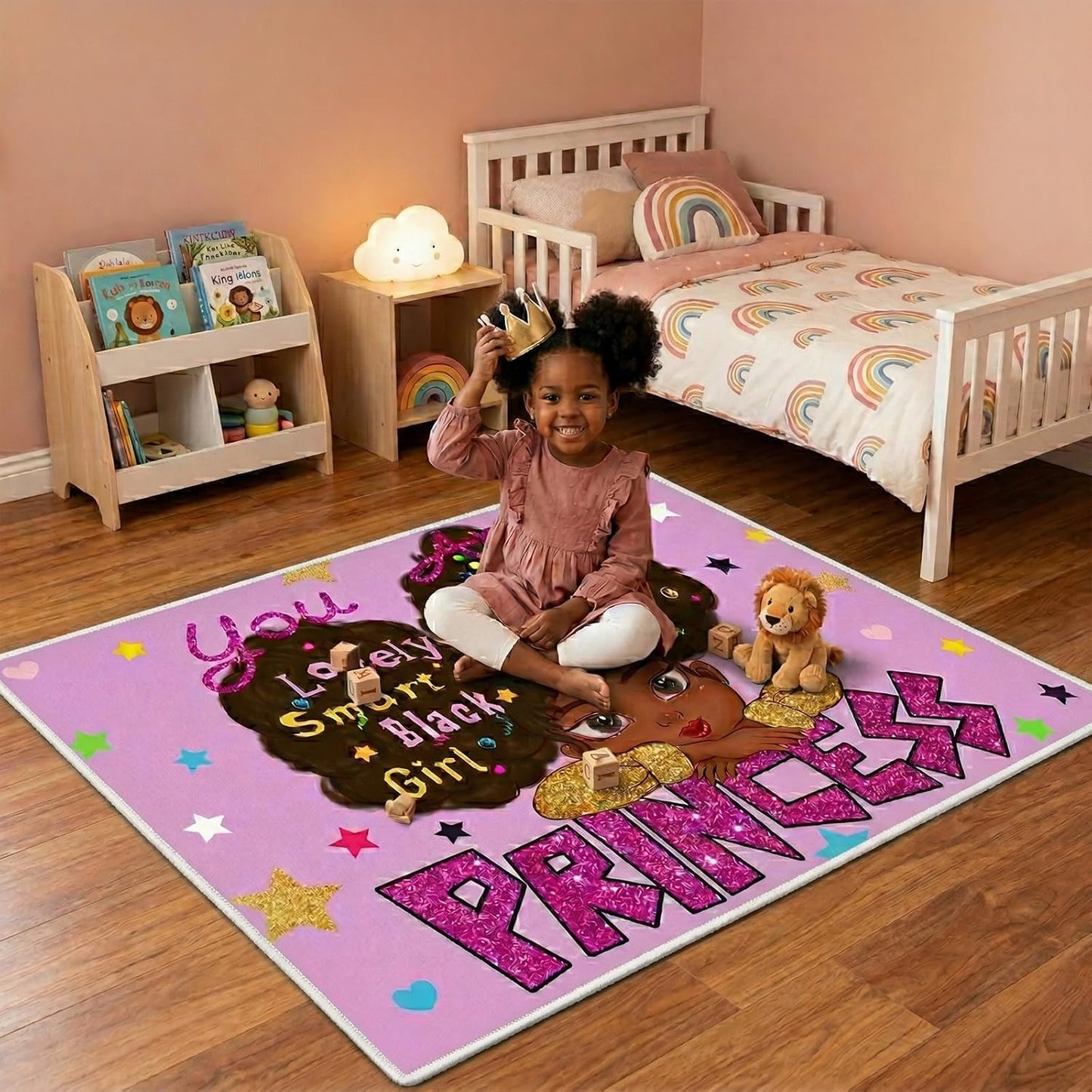 Black Girl Area Rug for Bedroom African American Rugs for Room Princess Carpet Kids Rugs for Bedroom African Girls Carpet for Living Room Teen Girls Yoga Mats, Pink, 4'×5'