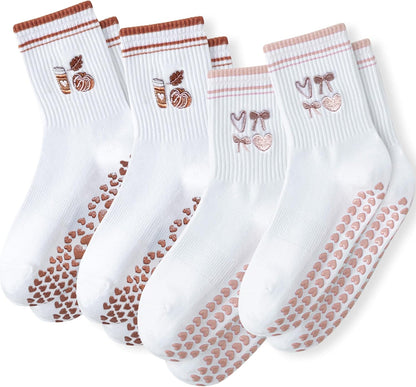 Grip Socks Pilates,4/6Pairs Cotton Cute Pilates Socks for Women, Ruffle Grippy Sock for Yoga Barre Hospital 5-10in