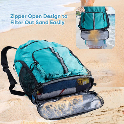 Large Beach Backpack Waterproof Sandproof - Customized Oversized Drawstring Pool Bag with Shoe Compartment for Toiletries, Towels, Gym, Travel