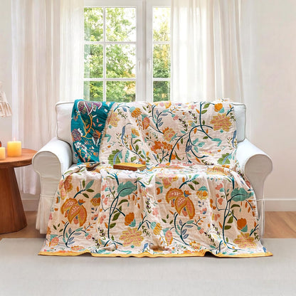 Boho Throw Blanket - 100% Cotton Soft Summer Throw Blanket for Bed, 50"x60" Reversible Breathable Lightweight Blankets, All Seasons Farmhouse Decor Floral Plant Butterfly Throw Quilt