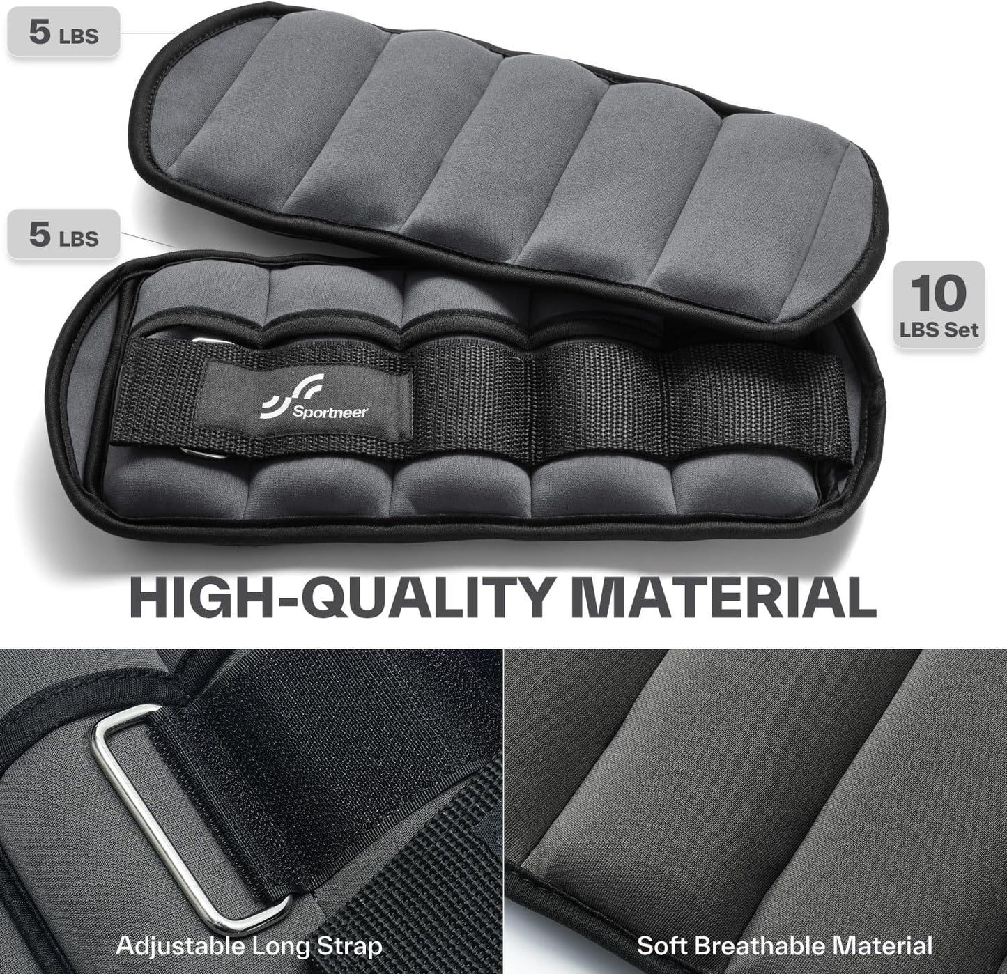 Sportneer Adjustable Ankle Weights Set - 1 Pair (2-10 lbs) Removable Sandbags for Women & Men, Comfortable Neoprene Leg Weights for Walking, Running, Pilates, Yoga, Home Workout & Physical Therapy