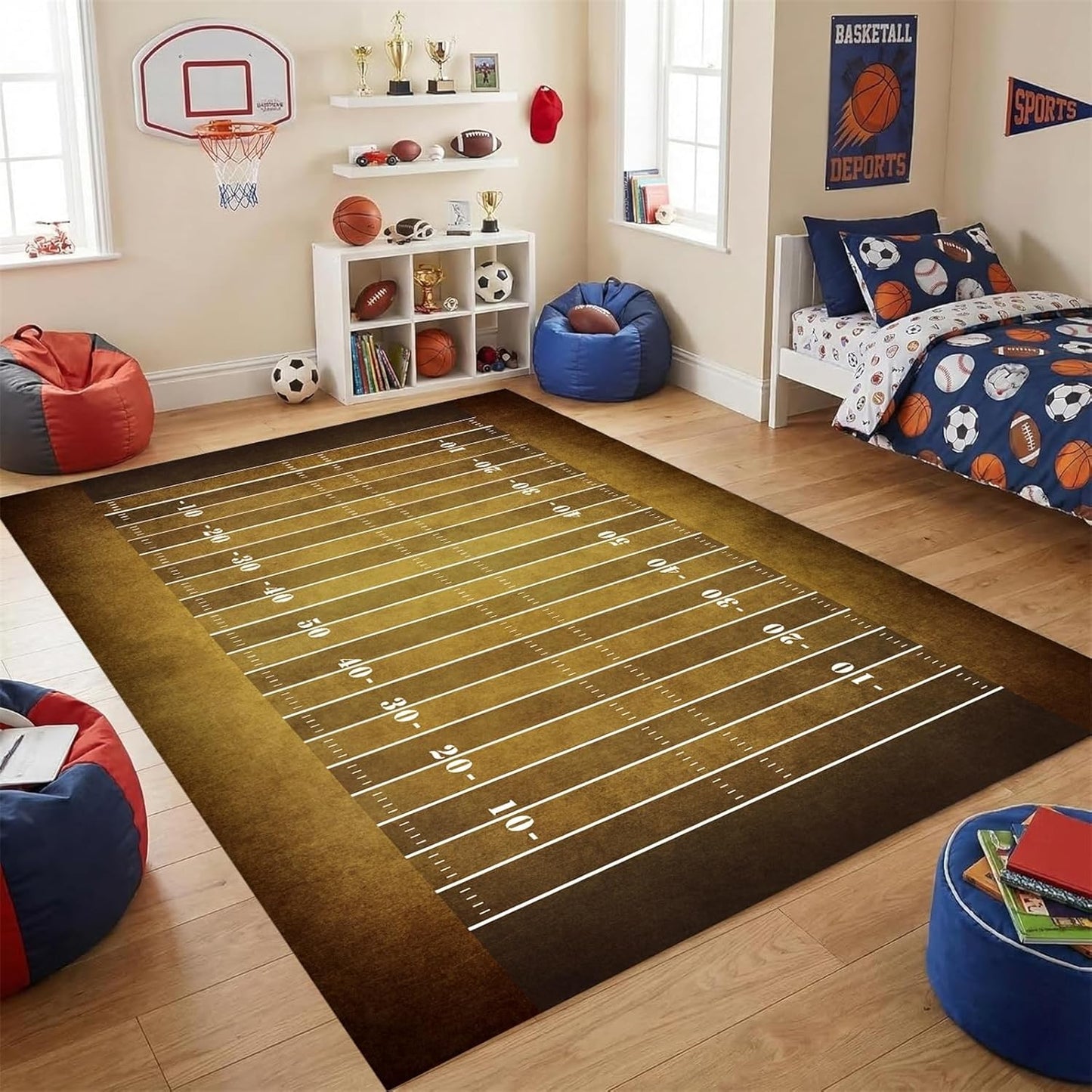 Sports Field Area Rug,5x7ft, Soccer Field Chalked Blackboard Football Stadium Board Painted Non-Slip Soft Carpet Floor Mat Indoor Living Room Bedroom Rugs Yoga Mat Home Decor